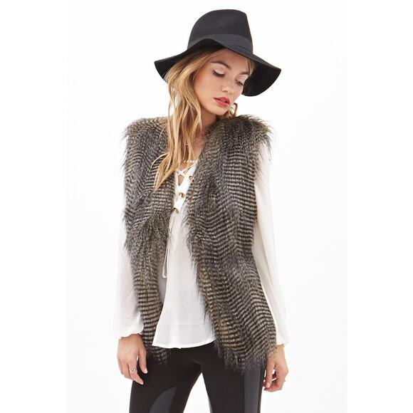 Forever 21 Faux Fur Vest Zebra Feather Apres Ski Bohemian Festival Fall Winter - Picture 2 of 11